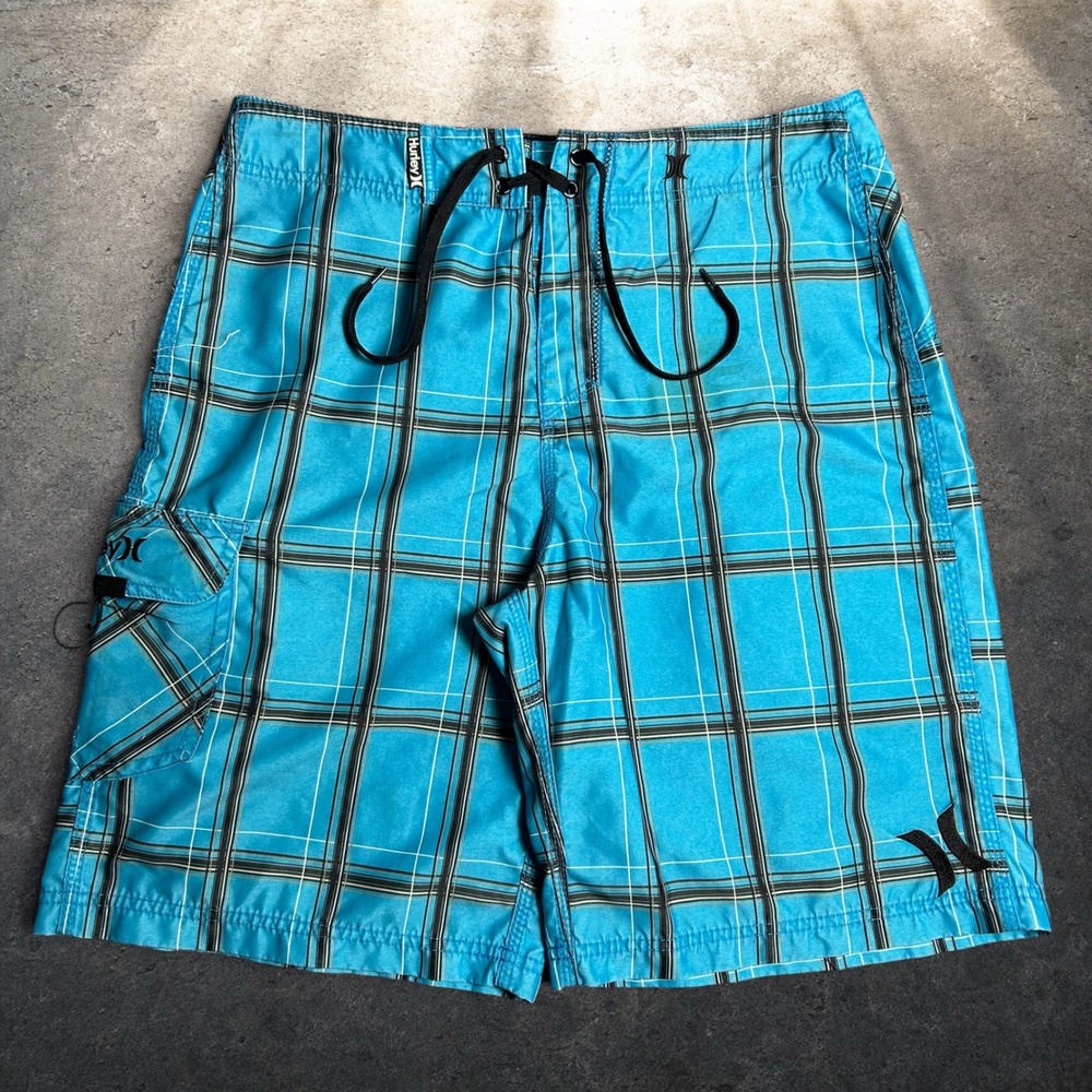 Hurley Plaid Board Shorts Blue Black Checkered Skater Surf Trunks Size 32